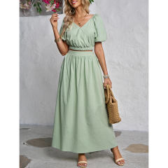 Pea Green V Neck Crop Top and Pocket Skirt Set TQX711102-64
