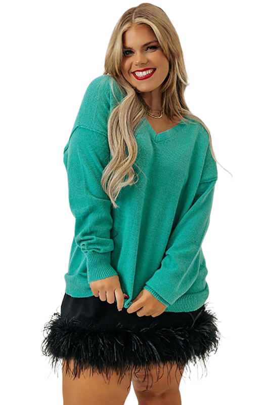 Green Plus Size Drop Shoulder V Neck Sweater PL272112-9
