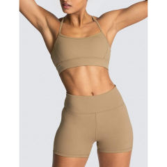 Brown Back Criss Yoga Bra with Shorts Set TQL710038-17