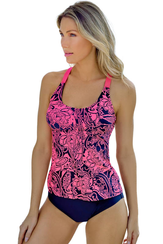 Red Floral Printed Blouson Tankini Top LC411175-3