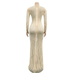 Apricot Mesh Rhinestone See Through Long Sleeve Maxi Dress TQK311243-18