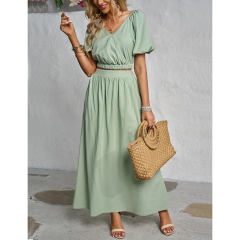 Pea Green V Neck Crop Top and Pocket Skirt Set TQX711102-64