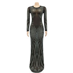 Black Mesh Rhinestone See Through Long Sleeve Maxi Dress TQK311243-2