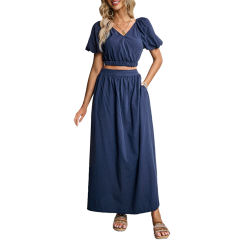 Navy Blue V Neck Crop Top and Pocket Skirt Set TQX711102-34