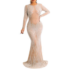 Apricot Mesh Rhinestone See Through Long Sleeve Maxi Dress TQK311243-18
