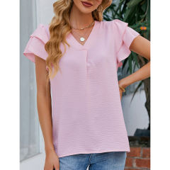 Light pink Chiffon V-neck Ruffled Short Sleeve Top TQG22001-39