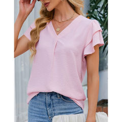 Light pink Chiffon V-neck Ruffled Short Sleeve Top TQG22001-39