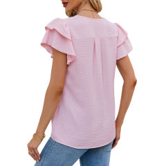 Light pink Chiffon V-neck Ruffled Short Sleeve Top TQG22001-39