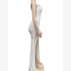White Off Shoulder Mesh Rhinestone High Split Maxi Dress TQK311550-1