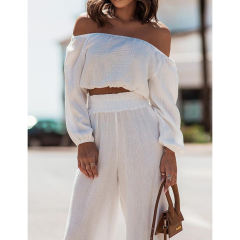 White Off Shoulder Crop and Straight Leg Pant Set TQL710167-1
