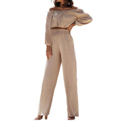 Apricot Off Shoulder Crop and Straight Leg Pant Set TQL710167-18