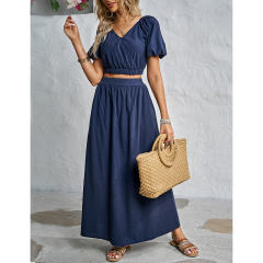 Navy Blue V Neck Crop Top and Pocket Skirt Set TQX711102-34