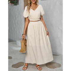 Apricot V Neck Crop Top and Pocket Skirt Set TQX711102-18
