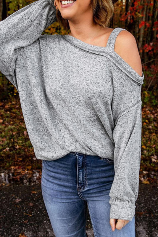 Gray Asymmetric Dew Shoulder Long Sleeve Top