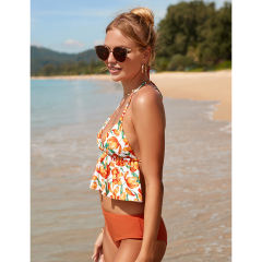 Orange Floral Print Ruffle Hem Halter Bikini Swimsuit TQK610305-14