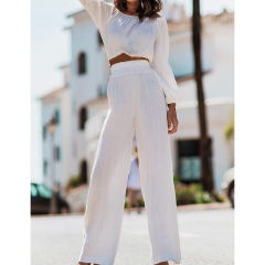 White Off Shoulder Crop and Straight Leg Pant Set TQL710167-1
