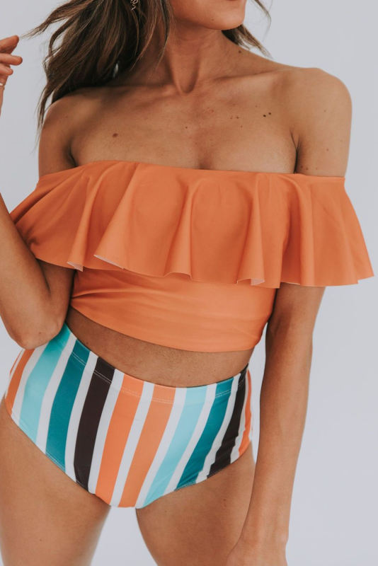 Orange Ruffled Top and Striped High waisted swimsuit LC433047-14