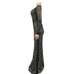 Black Mesh Rhinestone See Through Long Sleeve Maxi Dress TQK311243-2