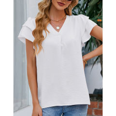 White Chiffon V-neck Ruffled Short Sleeve Top TQG22001-1