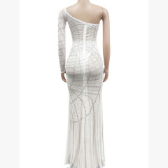 White Off Shoulder Mesh Rhinestone High Split Maxi Dress TQK311550-1