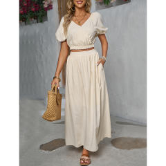 Apricot V Neck Crop Top and Pocket Skirt Set TQX711102-18