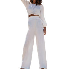White Off Shoulder Crop and Straight Leg Pant Set TQL710167-1