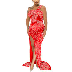 Red Rhinestone High Split Single Sling Dress TQK310857-3