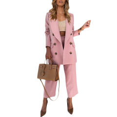 Pink Lapel Collar Double Breasted Blazer with Pant Set TQK710398-10