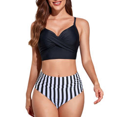 Black Back Crisscross Striped High Waist Bikini Swimsuit TQX610030-19