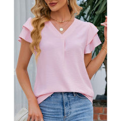 Light pink Chiffon V-neck Ruffled Short Sleeve Top TQG22001-39