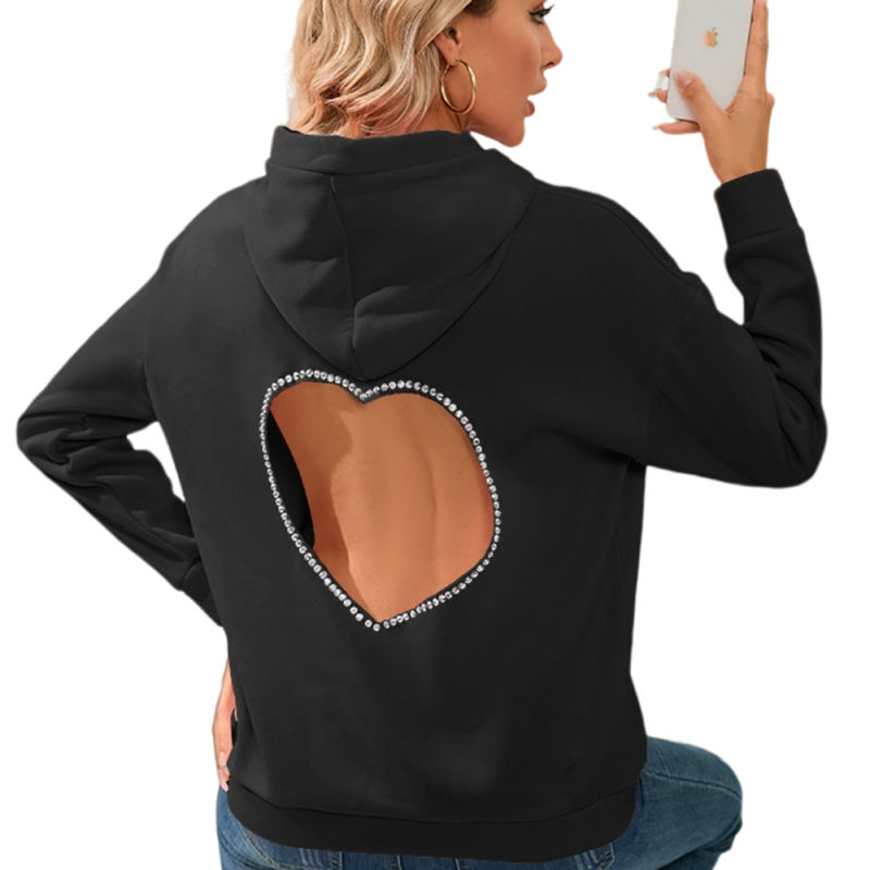 Black Heart Rhinestone Back Cut-out Pullover Hoodie