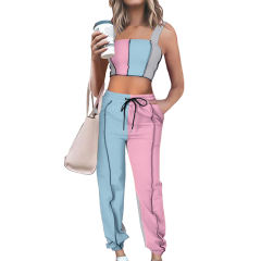 Light Blue Colorblock Crop Tank with Pant Set TQK710340-30