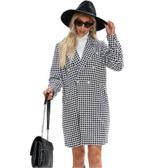 White Houndstooth Double Breasted Woolen Long Coat TQK280116-1