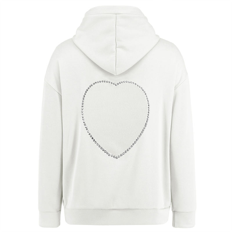 White Heart Rhinestone Back Cut-out Pullover Hoodie