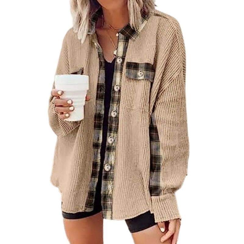 Apricot Spliced Plaid Detail Shirt Jacket with Pocket