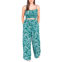 Green Leaf Print Crop Top with Wide Leg Pant Set TQG71002-9