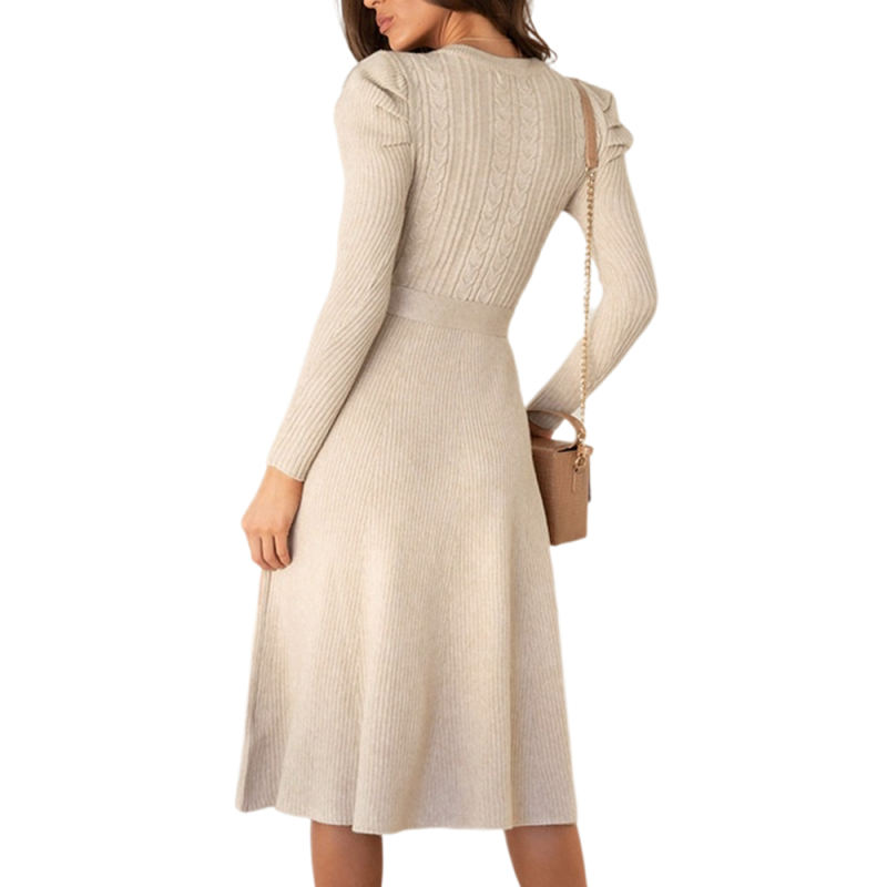 Apricot Knitted Tie Waist Puff Sleeve Sweater Dress