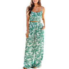Spaghetti Strap Crop Top with Wide Leg Pant Set TQG71002-1