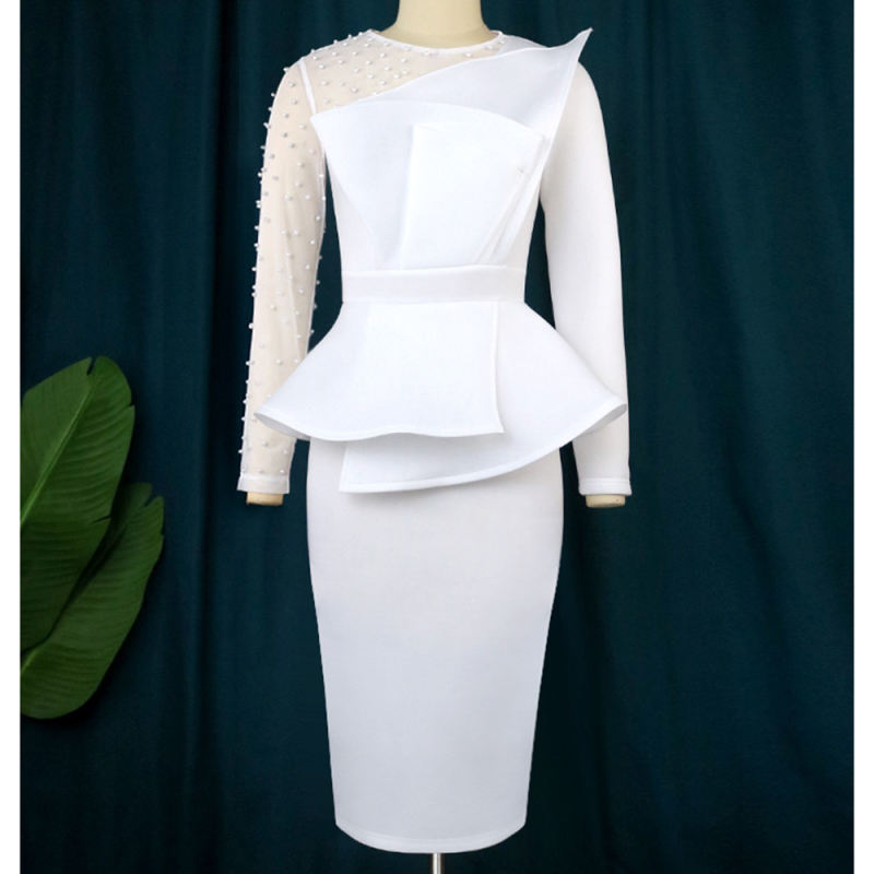 White Splicing Mesh Beading Peplum Style Evening Dress