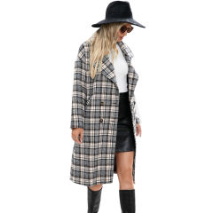 Yellow Plaid Double Breasted Woolen Long Coat TQK280115-7