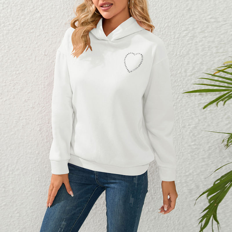 White Heart Rhinestone Back Cut-out Pullover Hoodie
