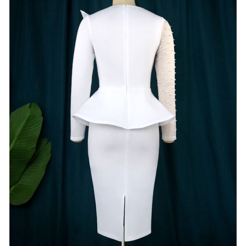 White Splicing Mesh Beading Peplum Style Evening Dress