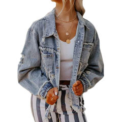 Light Blue Distressed Raw Hem Denim Jacket TQK280186-30
