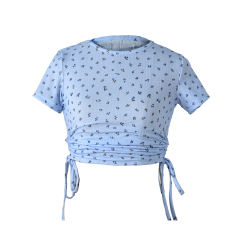 Light Blue Sides Drawstring Short Sleeve Crop Top TQK210630-30