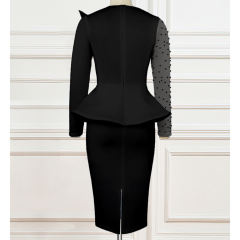 Black Splicing Mesh Beading Peplum Style Evening Dress