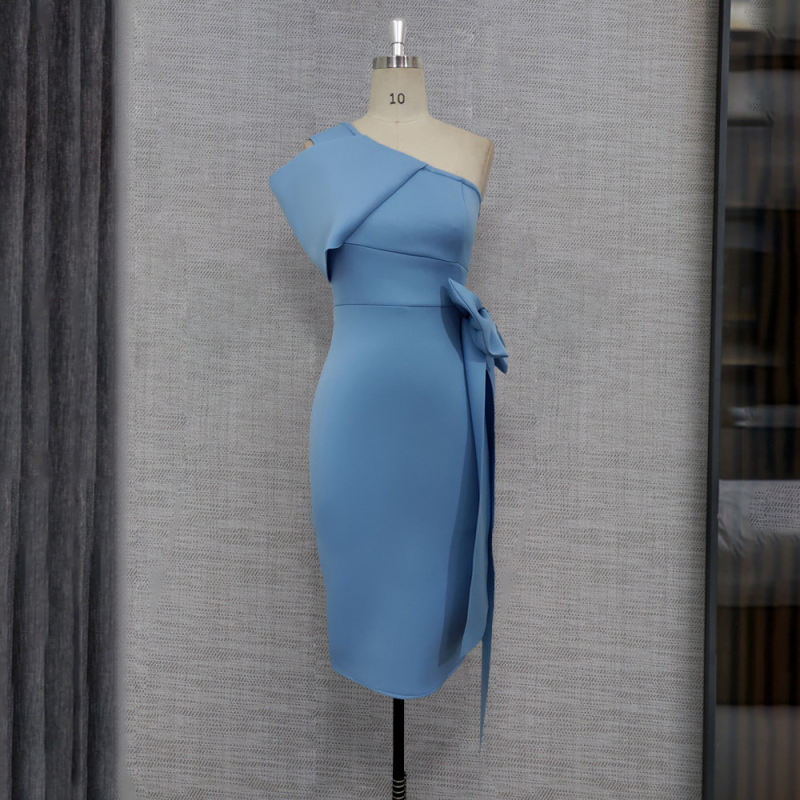 Sky Blue Side Bownot One-shoulder Bodycon Dress