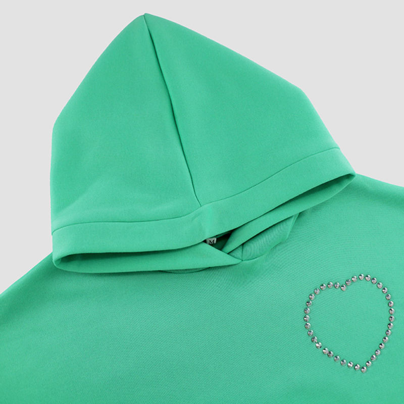 Green Heart Rhinestone Back Cut-out Pullover Hoodie