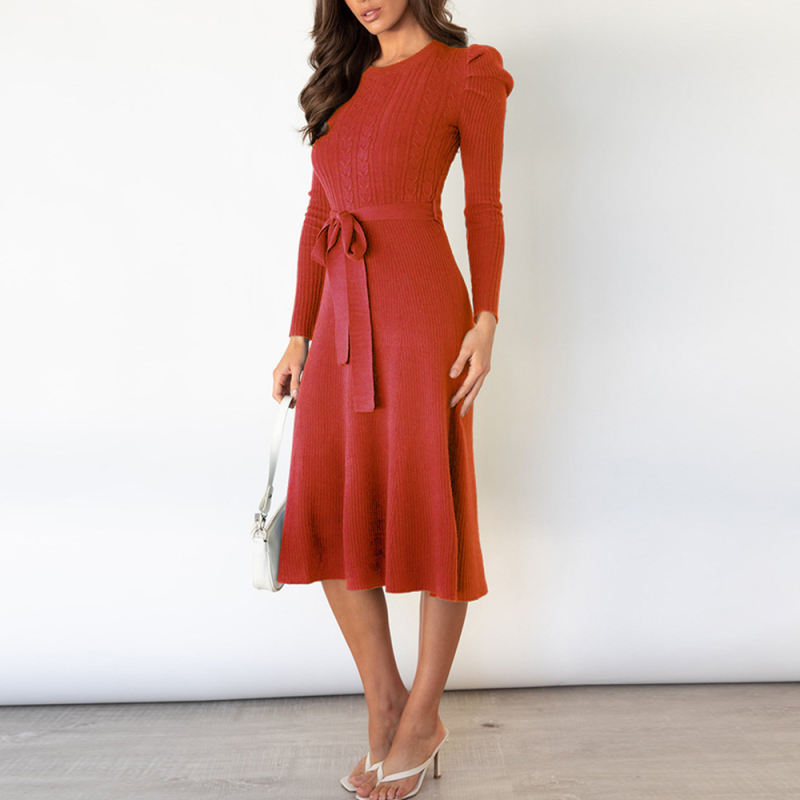 Red Knitted Tie Waist Puff Sleeve Sweater Dress