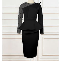 Black Splicing Mesh Beading Peplum Style Evening Dress