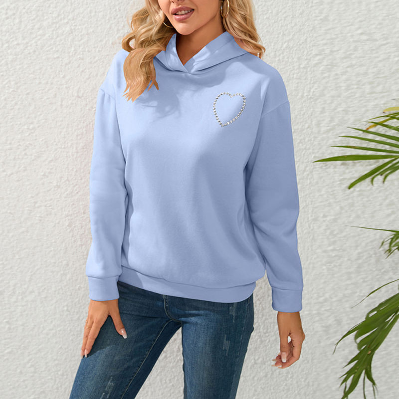 Blue Heart Rhinestone Back Cut-out Pullover Hoodie
